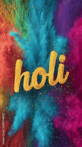 Colorful powder background with yellow text Holi, vertical video