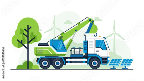 Crane truck operating near wind turbines and solar panels in a serene landscape with trees