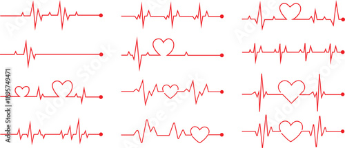 Heart Rhythm Icon set Vector Illustration For Medical Healthcare Cardiology Design With Pulse Line Symbol In Modern Style Collection Group Monitoring Iconography.