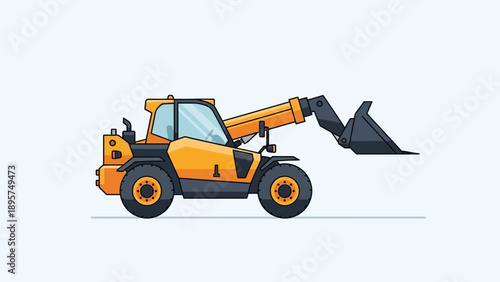 Telehandler lifting heavy load in industrial setting, viewed from the side, showcasing machinery in action.