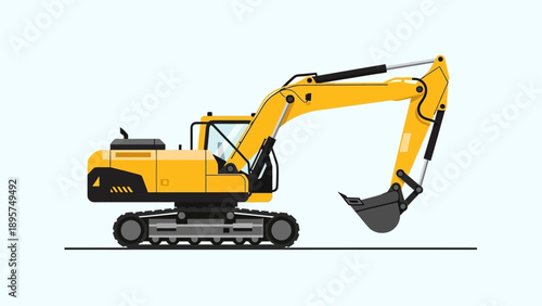 A detailed digital illustration of a yellow excavator on a flat surface viewed from the side