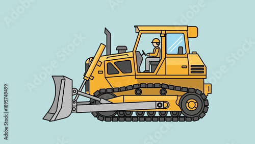 Yellow bulldozer with operator in cab, operating heavy machinery on construction site, industrial equipment in action, viewed from side