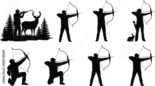 Hunting silhouettes set featuring rifle hunter with deer in forest and archers with bows in various kneeling and standing positions for outdoor sports design.