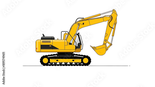 Yellow excavator machine operating on a construction site, viewed from the side, showcasing heavy machinery in action