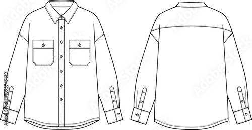 Technical fashion sketch of a blank unisex long sleeve button down shirt with pockets, front and back views apparel design template isolated on white.