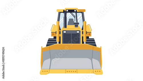 Front view of a yellow bulldozer with a large bucket on a white background, showcasing heavy machinery in an industrial setting.