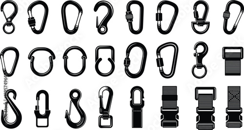 Large set of black and white vector silhouettes of carabiners climbing clips metal hooks and heavy duty buckle fasteners isolated on a white background.