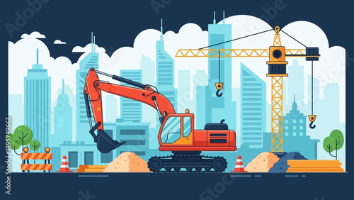 Cityscape construction site with excavator and crane in urban landscape illustration