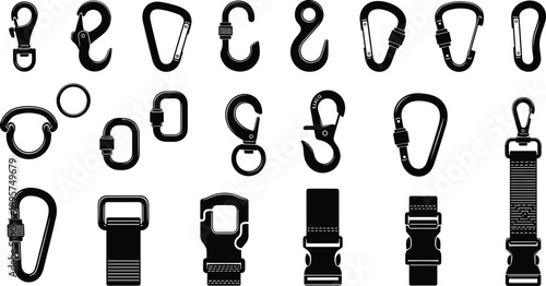 Large set of black and white vector silhouettes of carabiners climbing clips hooks and heavy duty buckle fasteners isolated on a white background.