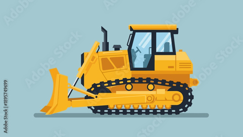 Heavy bulldozer with tracks and blade, viewed from the side, in a construction environment, illustrated graphic image