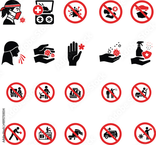 Grid of health and hygiene icons with red prohibition marks indicating actions to avoid for infection prevention