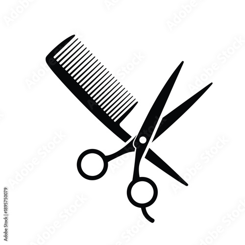 Hair scissors and comb silhouette on white background