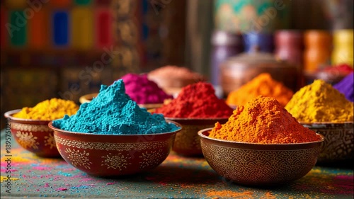 Colorful powdered pigments placed in bowls during the Indian festival of Holi  