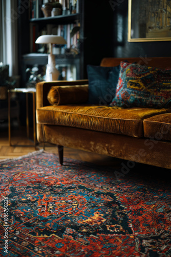 Luxurious velvet sofa with a richly patterned oriental rug in a dimly lit, stylish living room