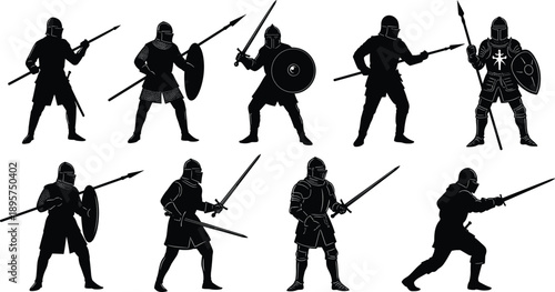 Set of medieval knight silhouettes in armor with swords spears and shields, historical warrior combat poses collection, black vector illustration, isolated army elements