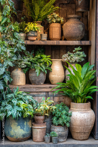 Rustic terracotta pots and lush green plants displayed on weathered wooden shelves