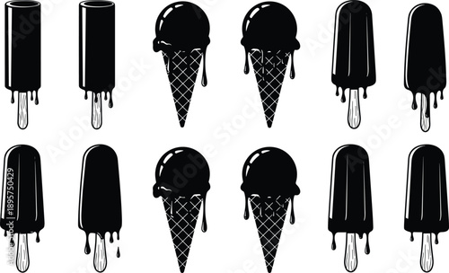 Set of melting ice cream cones and popsicle silhouettes, summer dessert icons, chocolate dipped lolly treats, vector illustration isolated on white, black