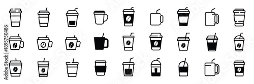 Coffee to go cup icon vector, disposable paper coffee cup set with label, brown container design.