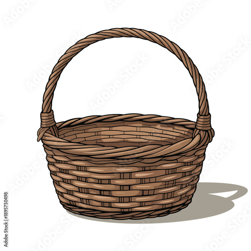 Woven basket with handle on white background