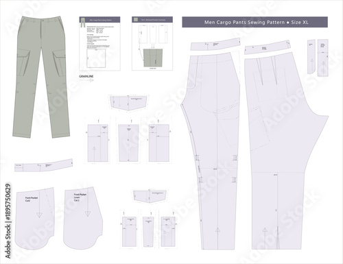 Mens cargo pants sewing fashion pattern size XL extra-large. Features bellows cargo pockets with flaps, front pockets, back pockets, knee pleats, zipper fly, and a waist-facing finish with no separate
