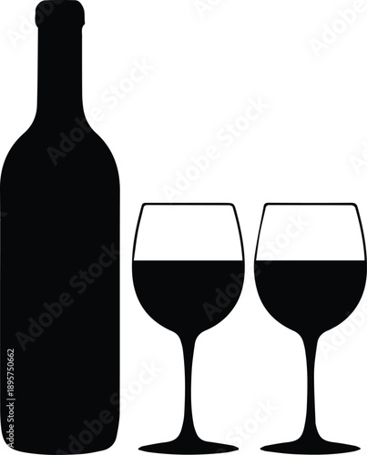 Minimalist black wine bottle and two glasses celebration silhouette vector icon