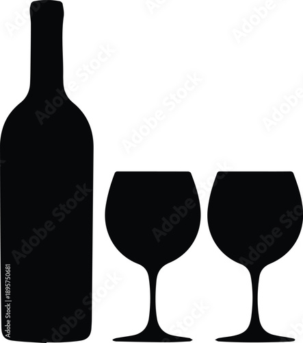 Minimalist black wine bottle and two glasses celebration silhouette vector icon