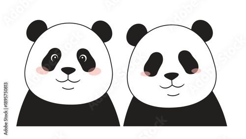 Two cute panda bear faces showing different states like being awake and happy or sleepy and calm for character design.