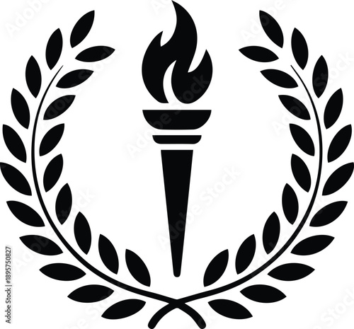 Minimalist black acanthus leaf wreath surrounding a torch enlightenment silhouette vector icon