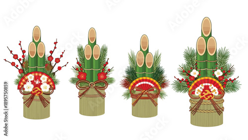 Collection of different traditional Japanese Kadomatsu new year decorations made of bamboo, pine branches, and plum blossoms.