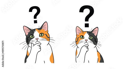Set of two calico cat faces looking upwards with hands on their chins and question marks representing curiosity and thinking.