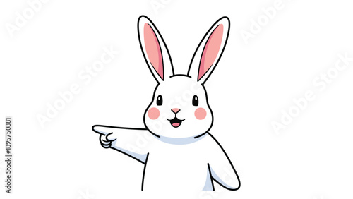 Happy white cartoon rabbit with pink ears and rosy cheeks points its finger to the left side on a white background.