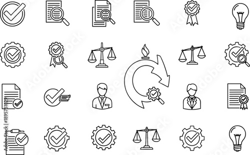 Legal and quality assurance icon set with 25 black line symbols for certification, process, and business standards design content