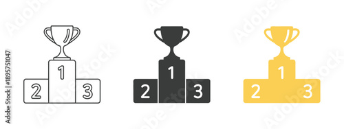 Champion podium vector illustration, first place signs, trophy prize icons in black and yellow design.