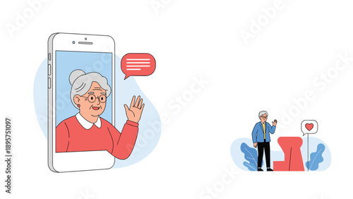 Grandmother appears on a smartphone screen waving to her husband standing in the distance during a video call session.
