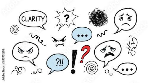 Assorted hand-drawn speech bubbles and icons express emotions like anger, confusion, sadness, and frustration on white.