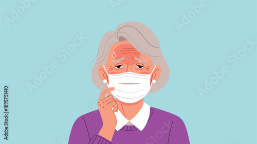 Elderly woman with grey hair looks unwell while wearing a medical face mask and touching her forehead in distress.