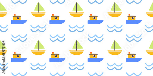 Seamless nautical pattern with cute toy boat sailboat steamship and blue sea waves elements. Vector marine background for baby nursery wallpaper fabric textile and kids summer designs