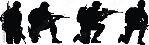 Armed soldiers kneeling crouching positions, tactical combat silhouettes, military vector illustration, defense readiness art, action strategy design, cad drawing flat vector illustration