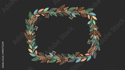 Elegant rectangular wreath made of colorful leaves and berries frames a blank space on a dark charcoal background.
