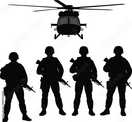 Five armed soldiers standing silhouettes, military helicopter above, tactical combat vector illustration, defense readiness art, deployment mission design, cad drawing flat vector illustration
