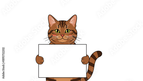 Friendly brown tabby cat with green eyes and stripes holds a blank white board for messages or custom content.