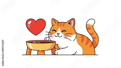 Sweet orange and white tabby cat smiles happily next to a floating red heart symbol on a white background.