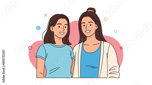 Two friendly young women in casual clothing stand close together smiling in front of an abstract pink background.