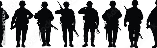 Seven soldiers standing silhouettes, military salute and rifle poses, tactical combat vector illustration, defense unity art, discipline service design, cad drawing flat vector illustration