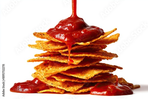 Tower of Crispy Tortilla Chips Lavishly Drizzled with Red Salsa