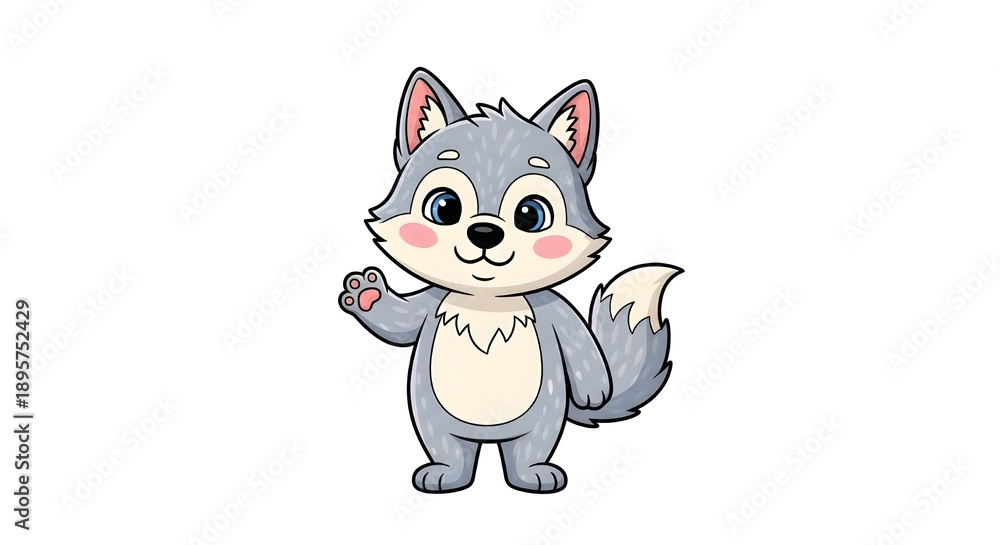 Obraz premium Cute Little Grey Wolf Pup Waving Hand Cartoon Character Isolated Illustration