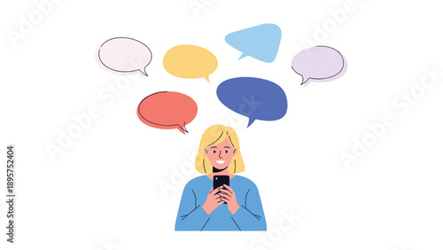 Young woman smiles while using her smartphone with many colorful and diverse speech bubbles floating above her.