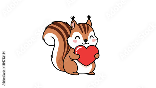 Adorable brown squirrel with a bushy tail smiles while holding a large red heart symbol with its small paws.