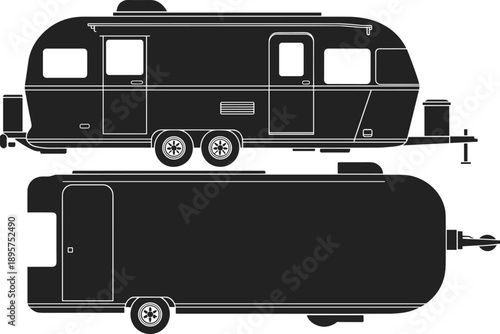 Travel trailer silhouette vector illustration, side elevation and top view, Airstream style design, vehicle layout art, camping caravan drawing, cad drawing flat vector illustration