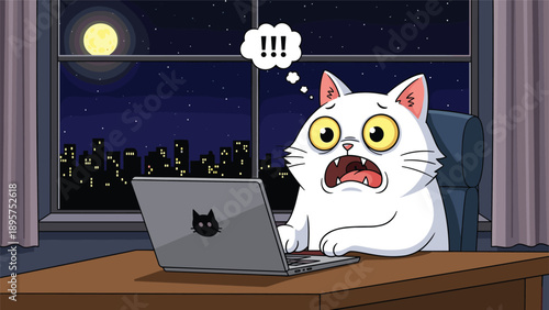 Shocked white cat with wide eyes and an open mouth looks at a laptop screen in a dark room with a full moon.